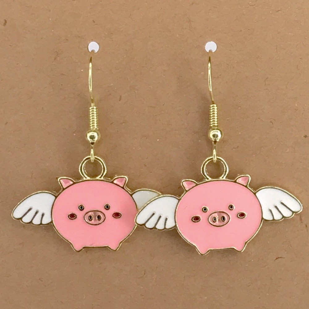 Pig With Wings Dangle Earrings 18k Gold Plated Hook Fashion Jewelry - Picture 4 of 4